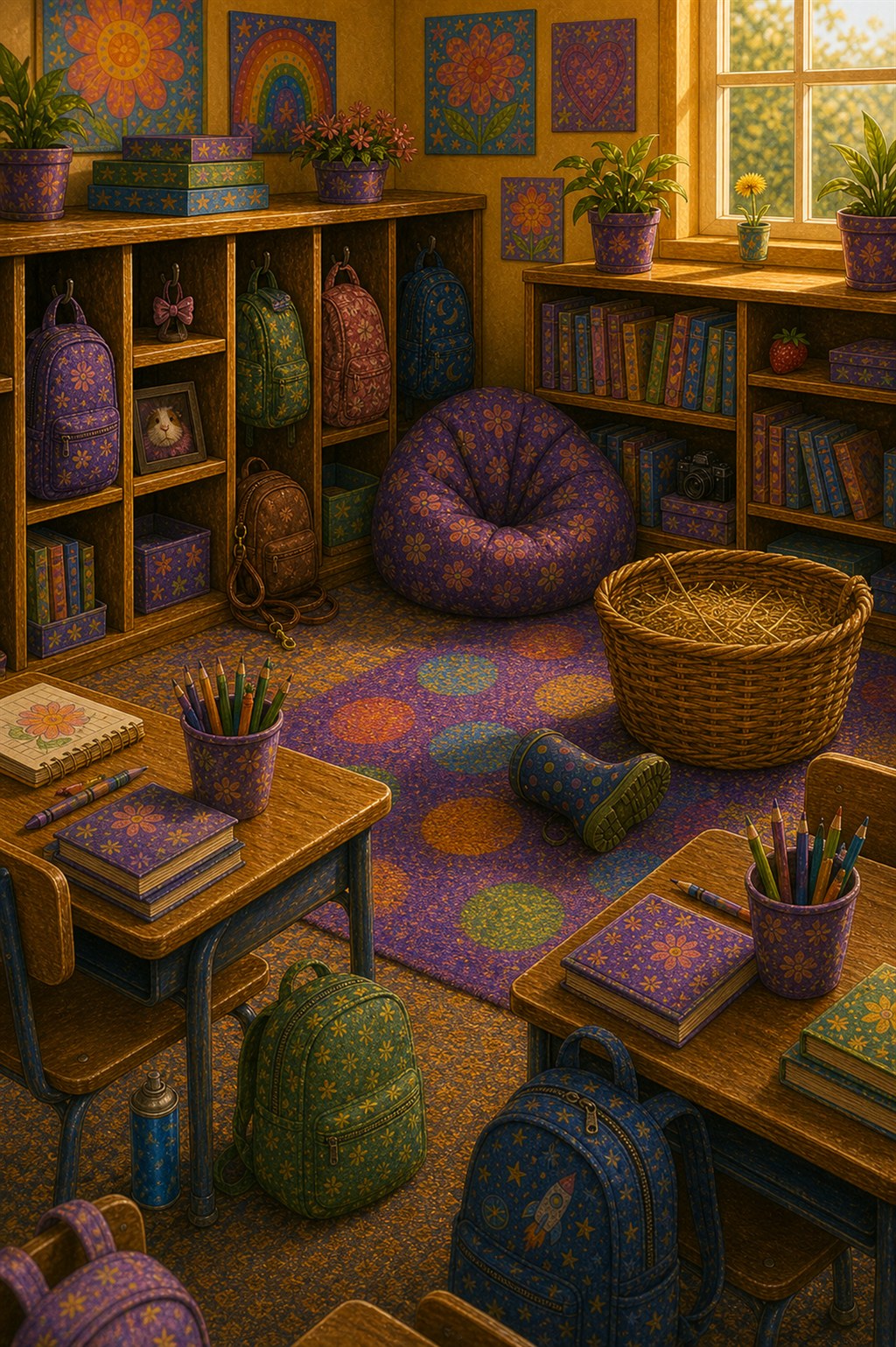 A busy, cozy classroom corner full of cubbies, backpacks, shelves, plants, desks, and a beanbag. Somewhere in here, Pickle is hiding.