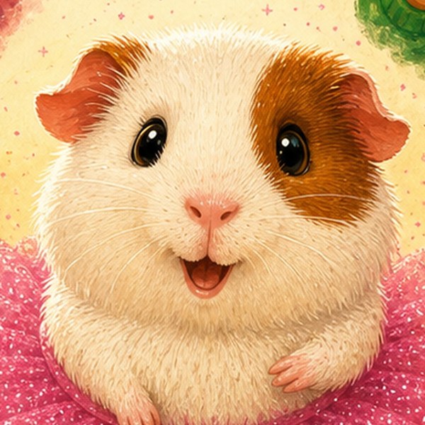 Pickle, a small white guinea pig with a brown patch over her left eye, in her pink tutu