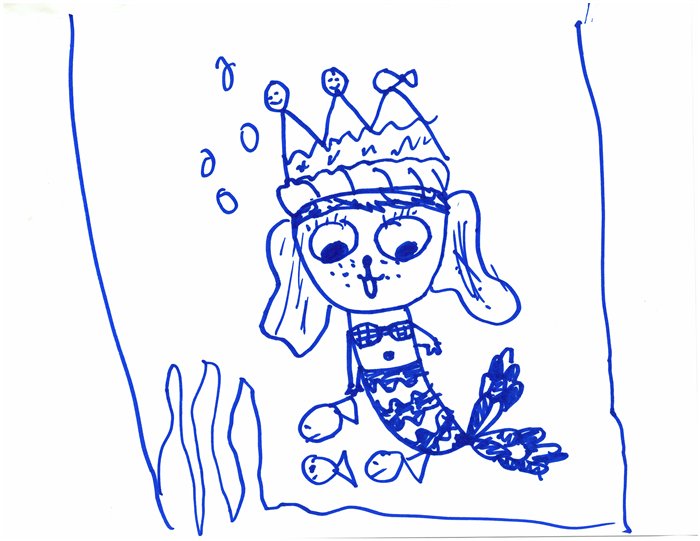 A blue pen drawing of Waffles as a mermaid wearing a crown underwater