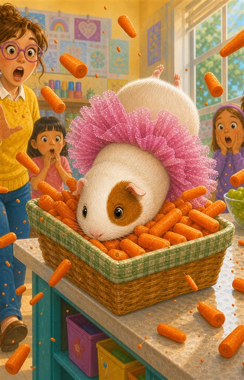 Pickle diving headfirst into a bin of carrots
