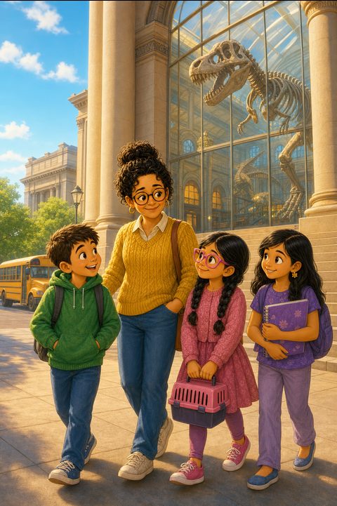 The class arriving at the museum steps, with a T. rex skeleton visible through the tall glass