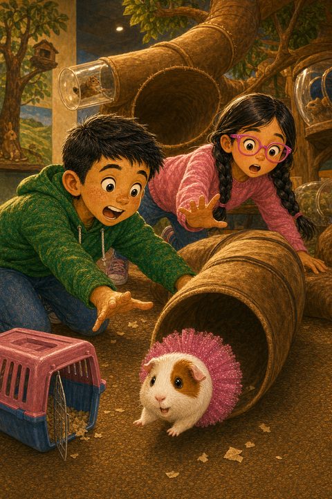 The class at the tunnels exhibit, Pickle in her pink tutu poking out of a log