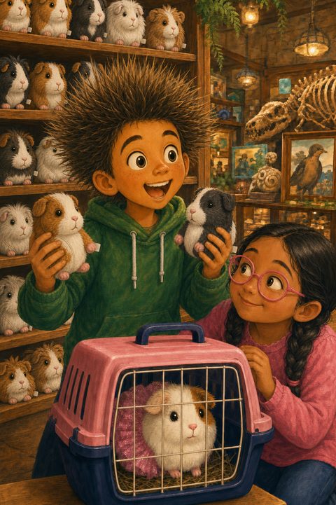 Brody grinning in the gift shop, shelves packed with plush guinea pigs behind him